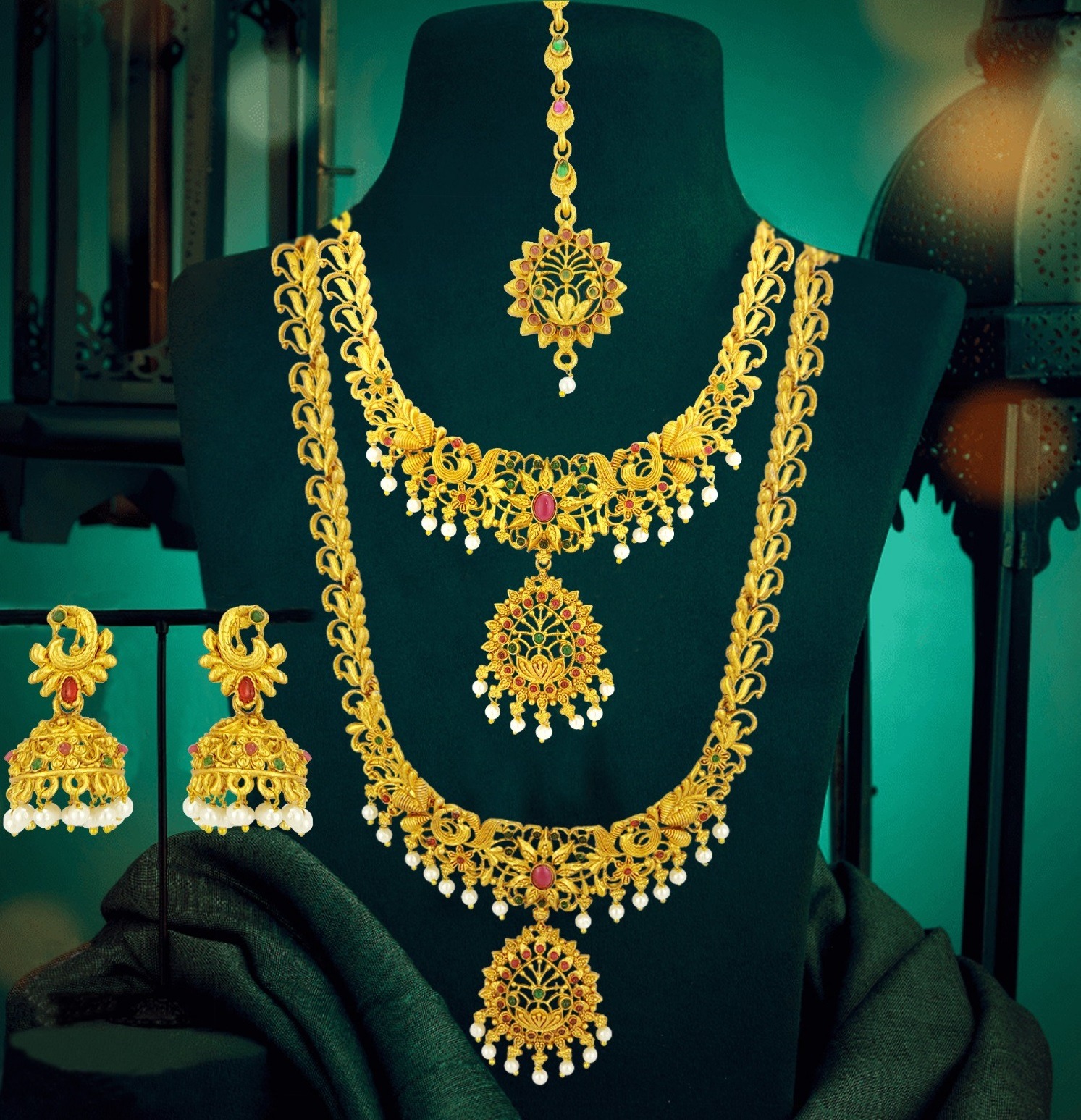 JJTJ 2002 Temple Jewellery Set | One Gram Gold Long Jewellery Set | South Indian Jewellery| Combo Set | Jecy Jewels