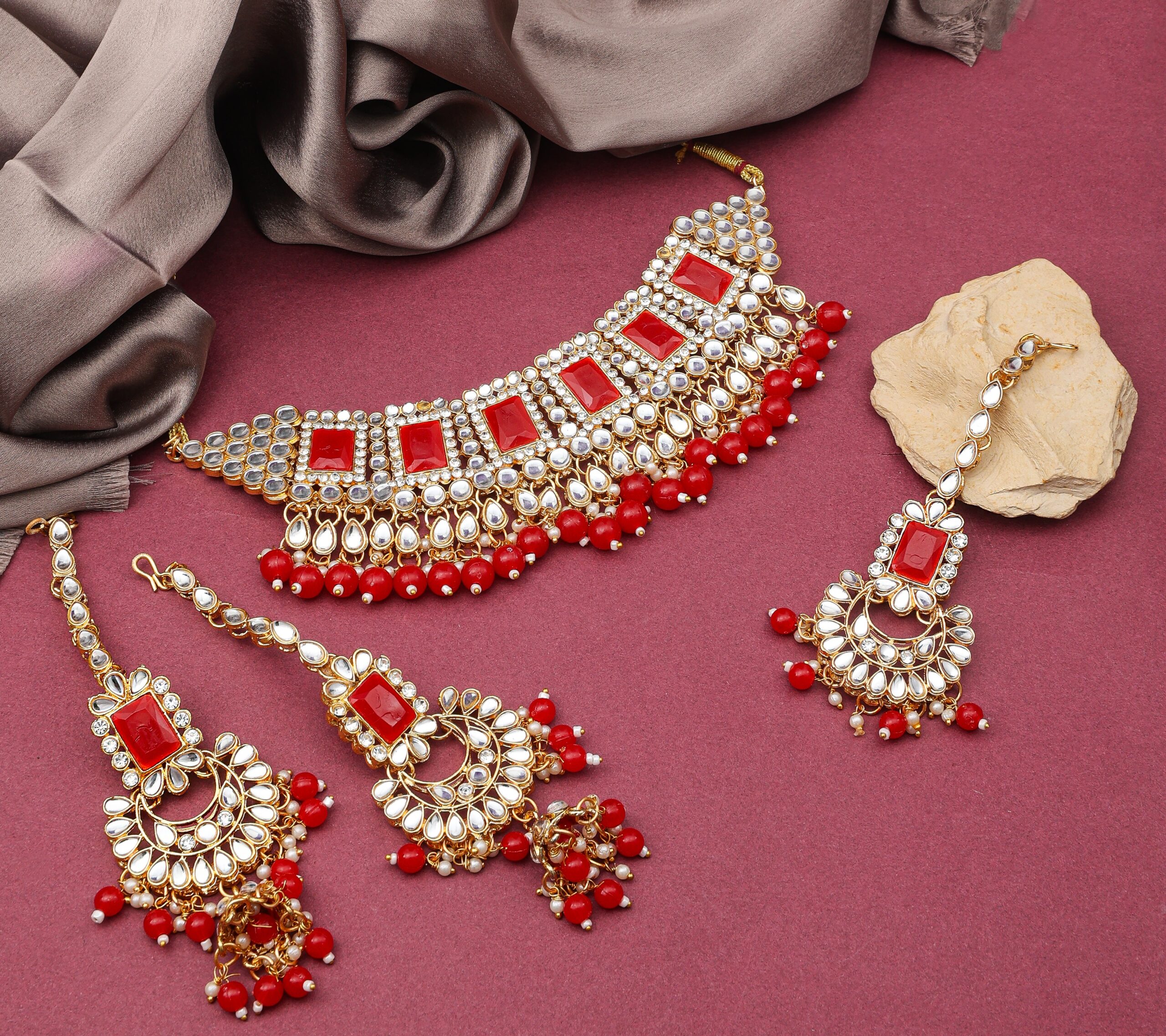 JJKN 1001-R Kundan Necklace Jewellery Set- One Gram Gold Plated Kundan Necklace Jewellery Set | Choker Necklace | Jecy Jewels