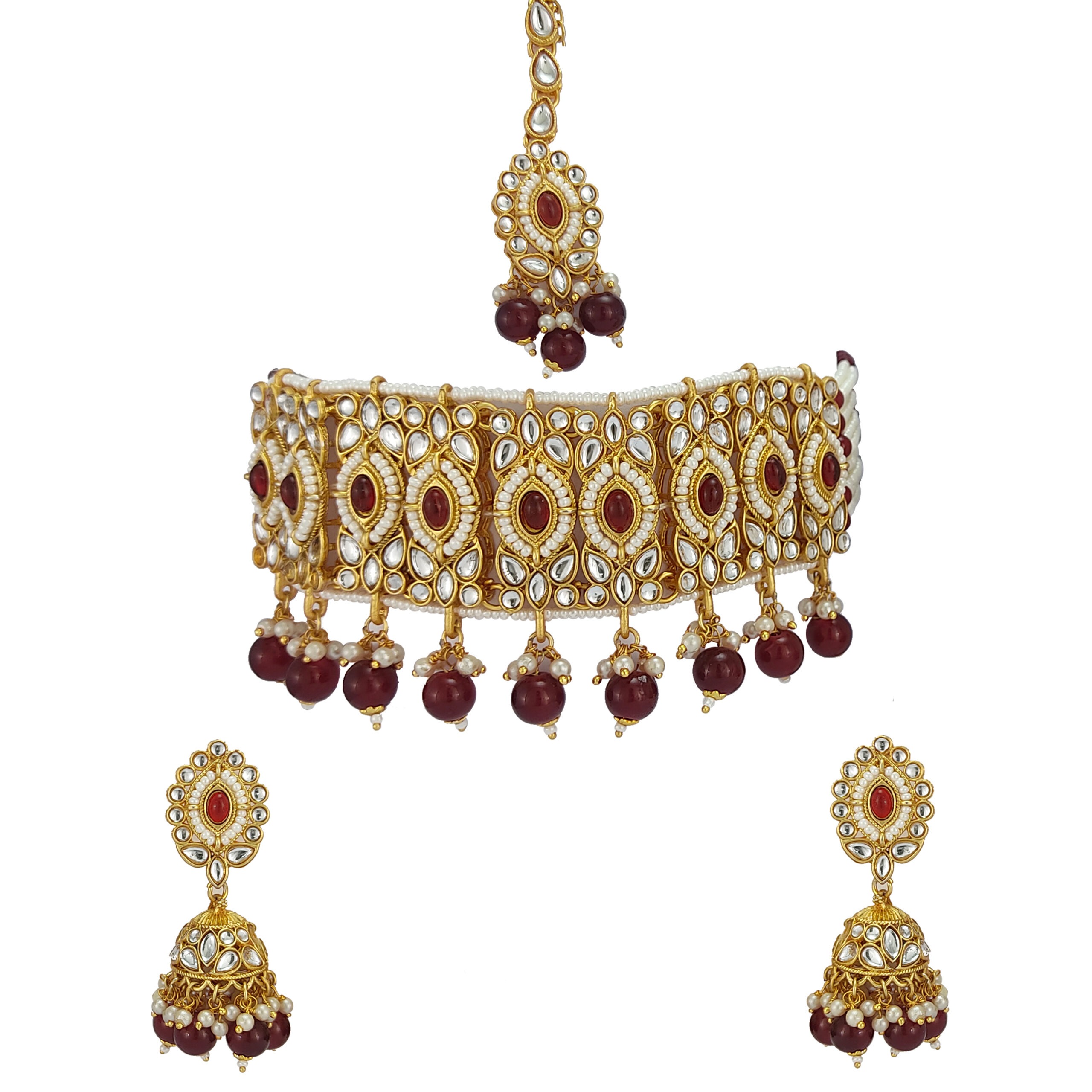 JJKN CH-3009-MR  Kundan Necklace Jewellery Set-  Gold Plated Kundan Necklace Jewellery Set | Maroon| Jecy Jewels