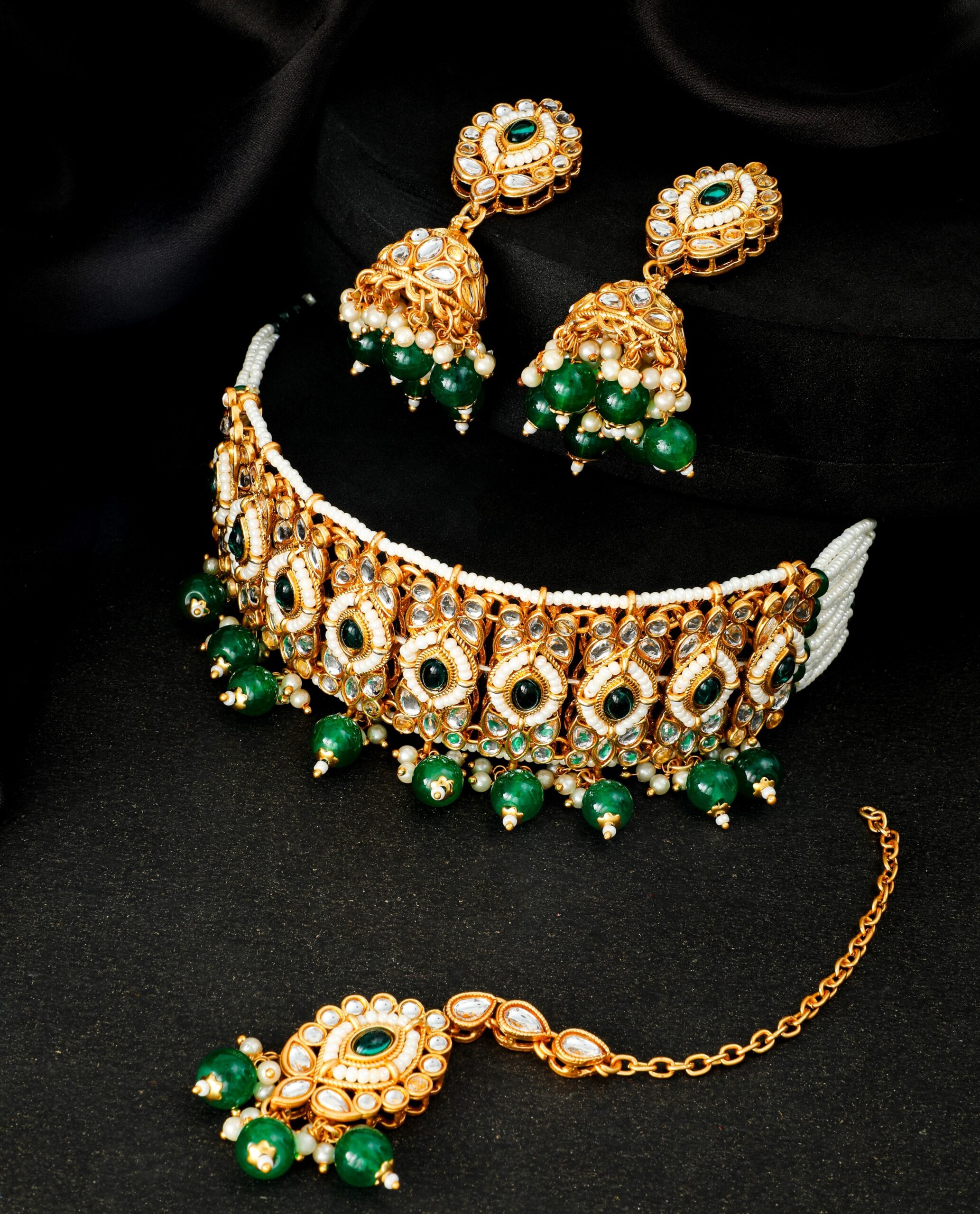 JJKN CH-3012-GR  Kundan Necklace Jewellery Set-  Gold Plated Kundan Necklace Jewellery Set | Green| Jecy Jewels